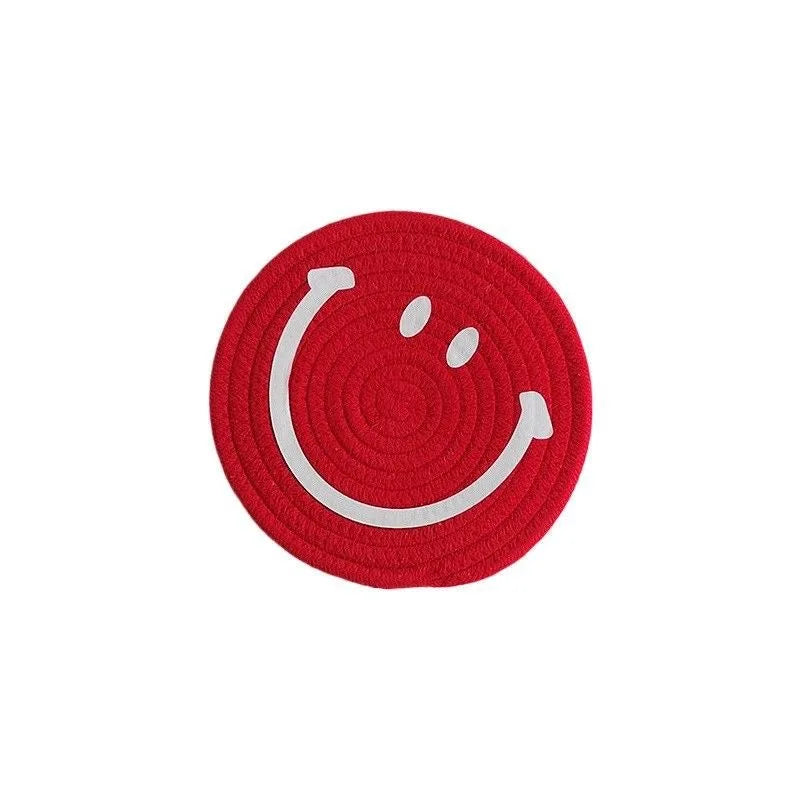 Smiling Face Round Mat Woven Ramie Placemats Anti Slip Dining Table Mats Non-Slip Tableware Bowl Pads Kitchen Drink Cup Coasters Table Piece