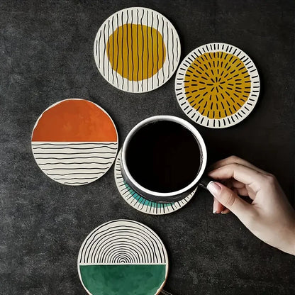6 Pieces/Set of Circular Patterned Wooden Anti-Slip Coasters, Suitable for Home Offices and Theme Party Decoration Table Piece