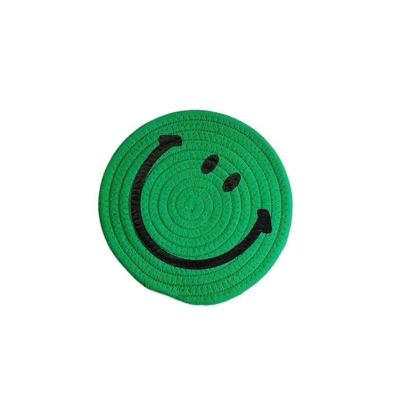 Smiling Face Round Mat Woven Ramie Placemats Anti Slip Dining Table Mats Non-Slip Tableware Bowl Pads Kitchen Drink Cup Coasters Table Piece