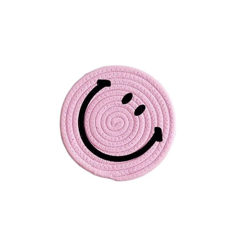 Smiling Face Round Mat Woven Ramie Placemats Anti Slip Dining Table Mats Non-Slip Tableware Bowl Pads Kitchen Drink Cup Coasters Table Piece