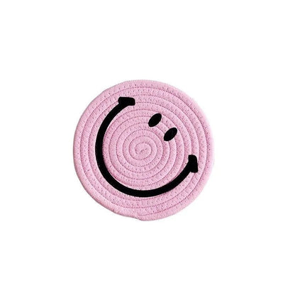 Smiling Face Round Mat Woven Ramie Placemats Anti Slip Dining Table Mats Non-Slip Tableware Bowl Pads Kitchen Drink Cup Coasters Table Piece
