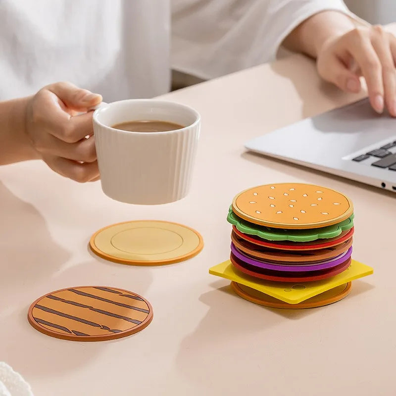 8Pcs/Set Burger Shape Silicone Coaster Insulation Mat for Mug Kitchen Dining Bar Table Decor Table Piece