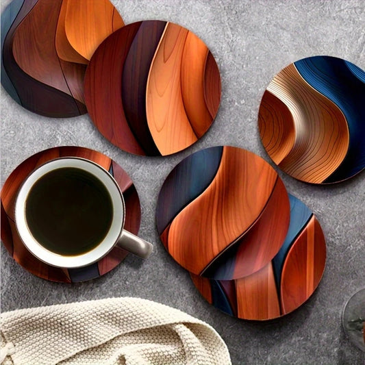 2D Flat 6pcs Retro Wooden Circular Coaster Heat-Resistant Wood-Grain Design for Home Coffee Table Office Desk Decorative Coaster Table Piece