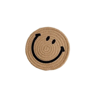 Smiling Face Round Mat Woven Ramie Placemats Anti Slip Dining Table Mats Non-Slip Tableware Bowl Pads Kitchen Drink Cup Coasters Table Piece