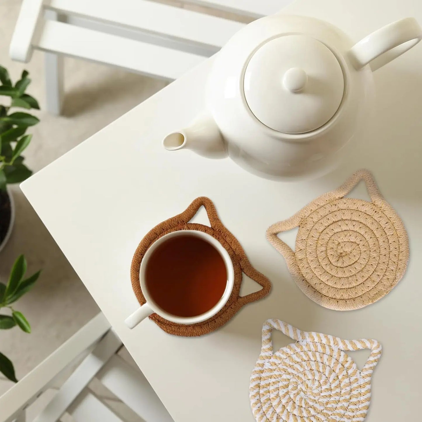 Handmade Cat Ear Cotton Coasters with Holder - Table Piece