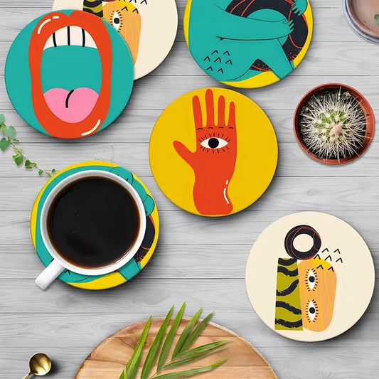 6Pcs Cup Mat Coaster Picasso Style Wood Cup Drink Mat Plate Coasters for Mugs and Cups Rug Pad Table Piece