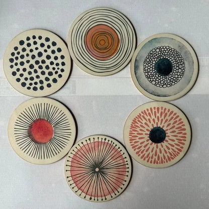6Pcs/set Wooden Circular Patterned Coasters Round Eco-Friendly Decorative Coasters Heat Resistant Anti-slip Cup Mat Table Piece