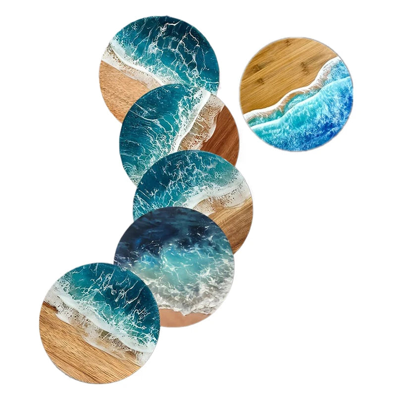 ♥Ocean Wave & Wood Grain Coasters Set  Heat-Resistant Drink Coasters for Coffee/Tea Mugs, Beach Theme Home Decor Table Piece