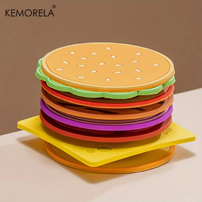 8pcs/set Burger Shape Coaster Creative Cup Pad Silicone Insulation Mat Mug Holder Kitchen Dining Bar Table Decorations Kids Gift Table Piece