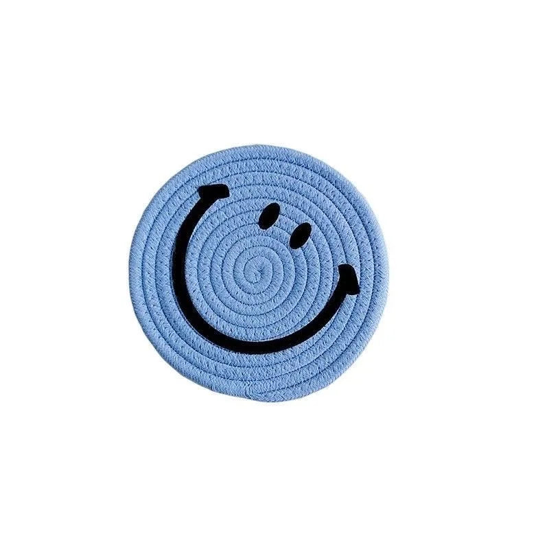 Smiling Face Round Mat Woven Ramie Placemats Anti Slip Dining Table Mats Non-Slip Tableware Bowl Pads Kitchen Drink Cup Coasters Table Piece