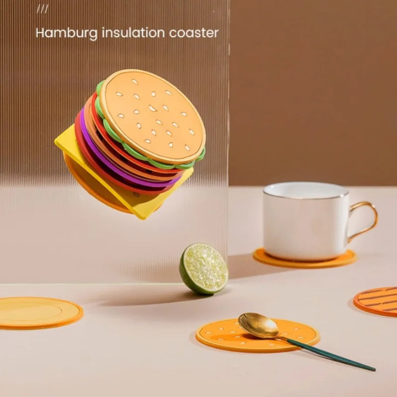 8Pcs/Set Burger Shape Silicone Coaster Insulation Mat for Mug Kitchen Dining Bar Table Decor Table Piece