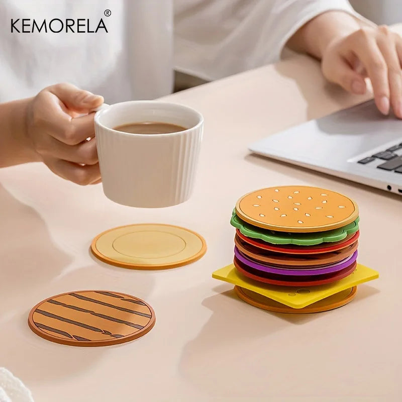 8pcs/set Burger Shape Coaster Creative Cup Pad Silicone Insulation Mat Mug Holder Kitchen Dining Bar Table Decorations Kids Gift Table Piece