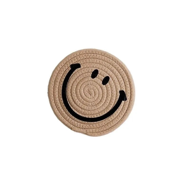 Smiling Face Round Mat Woven Ramie Placemats Anti Slip Dining Table Mats Non-Slip Tableware Bowl Pads Kitchen Drink Cup Coasters Table Piece