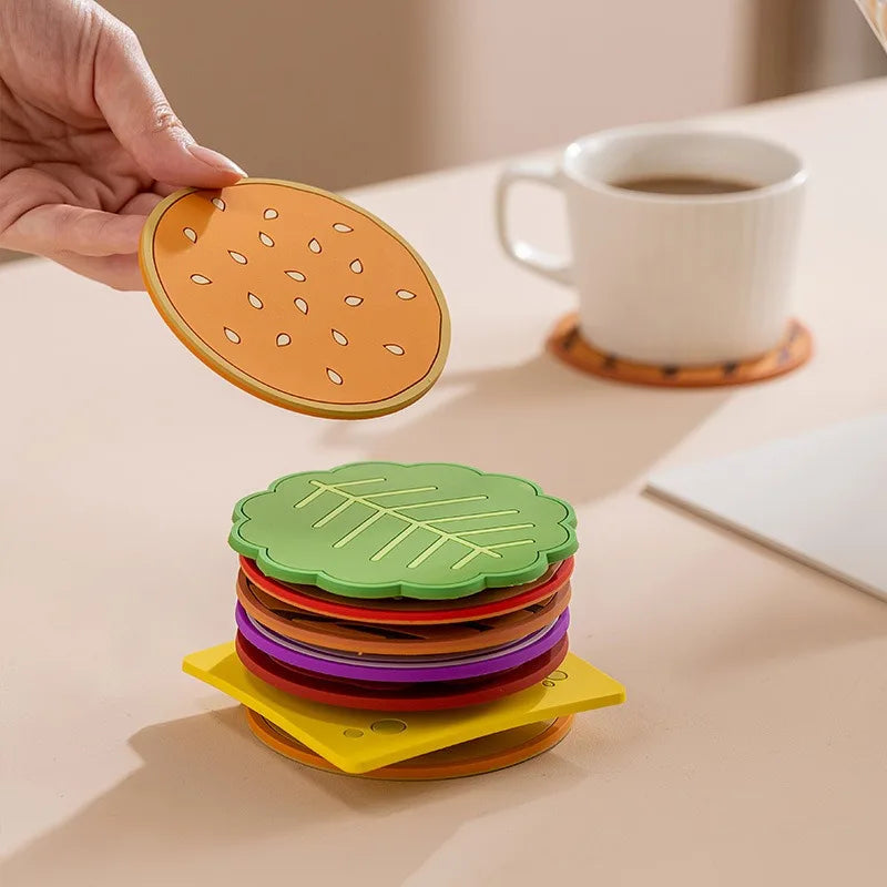 8Pcs/Set Burger Shape Silicone Coaster Insulation Mat for Mug Kitchen Dining Bar Table Decor Table Piece