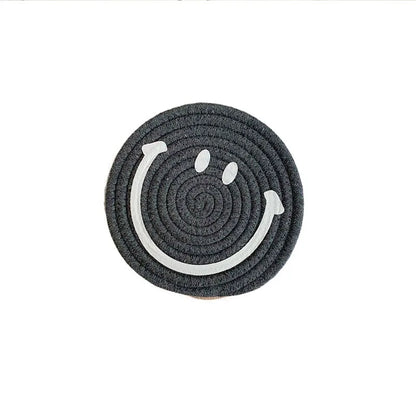 Smiling Face Round Mat Woven Ramie Placemats Anti Slip Dining Table Mats Non-Slip Tableware Bowl Pads Kitchen Drink Cup Coasters Table Piece