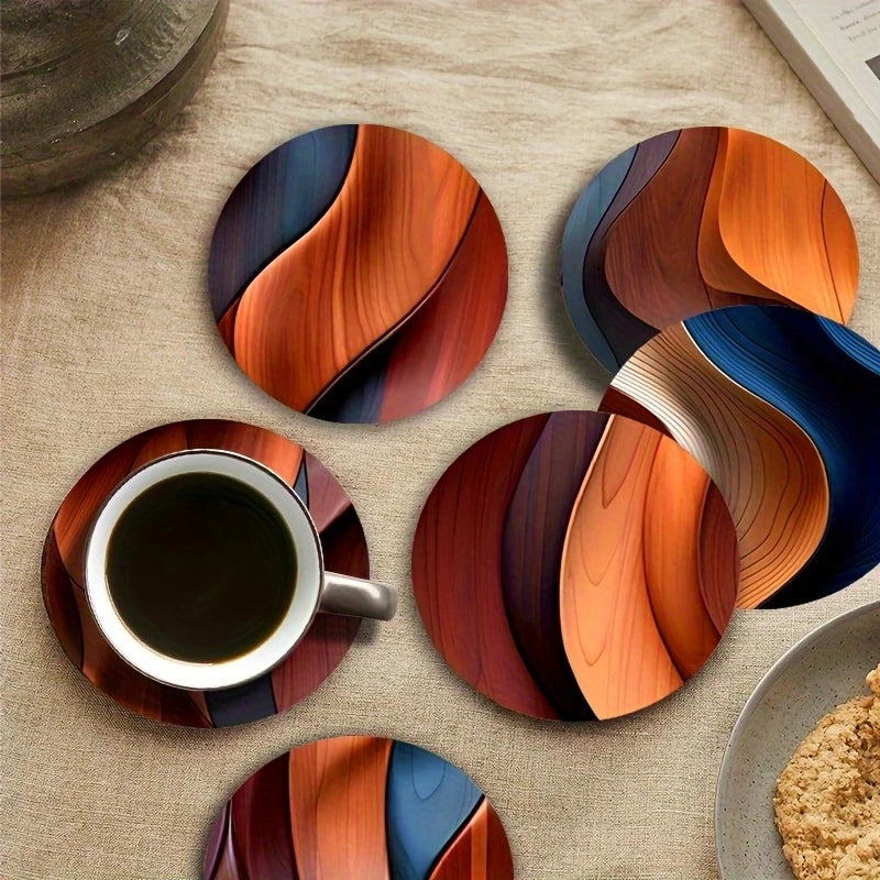 2D Flat 6pcs Retro Wooden Circular Coaster Heat-Resistant Wood-Grain Design for Home Coffee Table Office Desk Decorative Coaster Table Piece