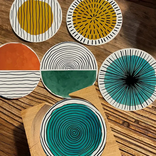 6 Pieces/Set of Circular Patterned Wooden Anti-Slip Coasters, Suitable for Home Offices and Theme Party Decoration Table Piece