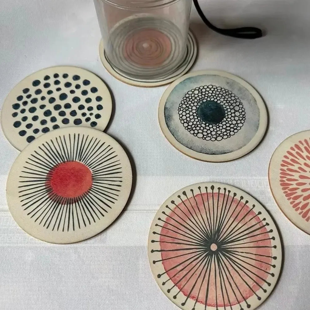 6Pcs/set Wooden Circular Patterned Coasters Round Eco-Friendly Decorative Coasters Heat Resistant Anti-slip Cup Mat Table Piece