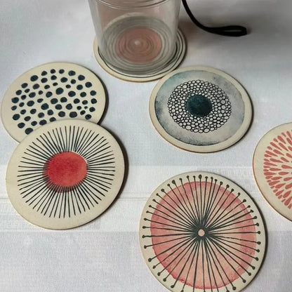 6Pcs/set Wooden Circular Patterned Coasters Round Eco-Friendly Decorative Coasters Heat Resistant Anti-slip Cup Mat Table Piece