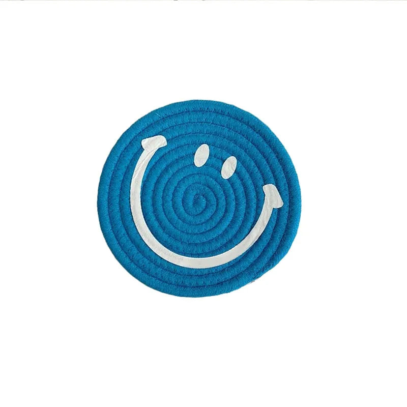 Smiling Face Round Mat Woven Ramie Placemats Anti Slip Dining Table Mats Non-Slip Tableware Bowl Pads Kitchen Drink Cup Coasters Table Piece