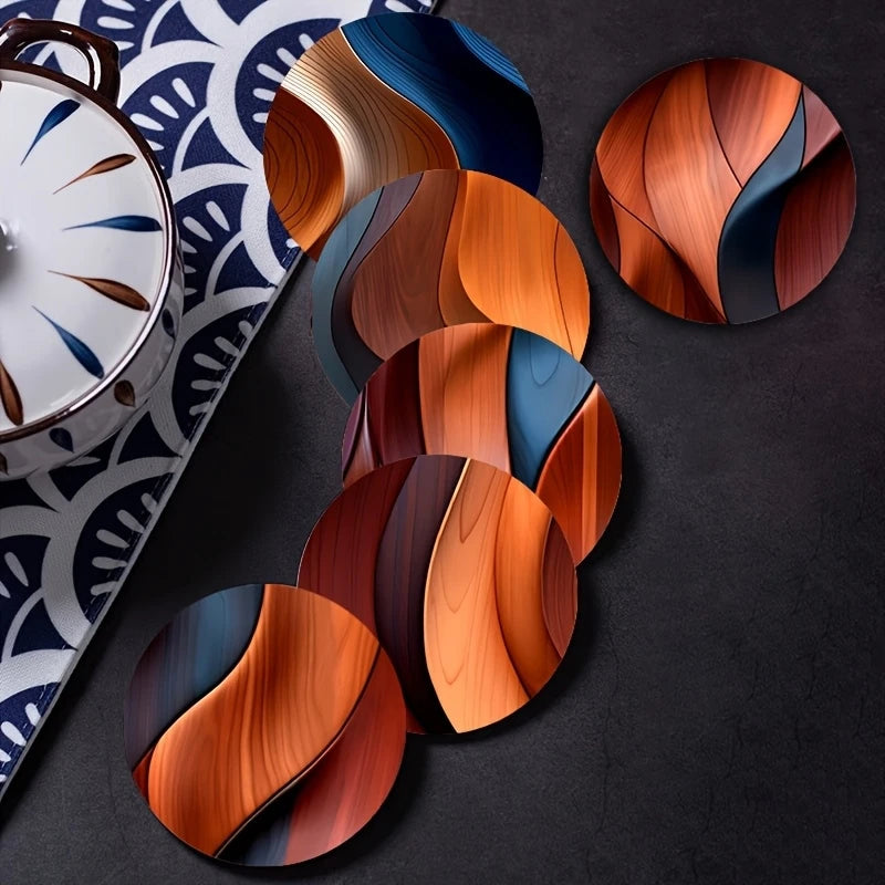 2D Flat 6pcs Retro Wooden Circular Coaster Heat-Resistant Wood-Grain Design for Home Coffee Table Office Desk Decorative Coaster Table Piece