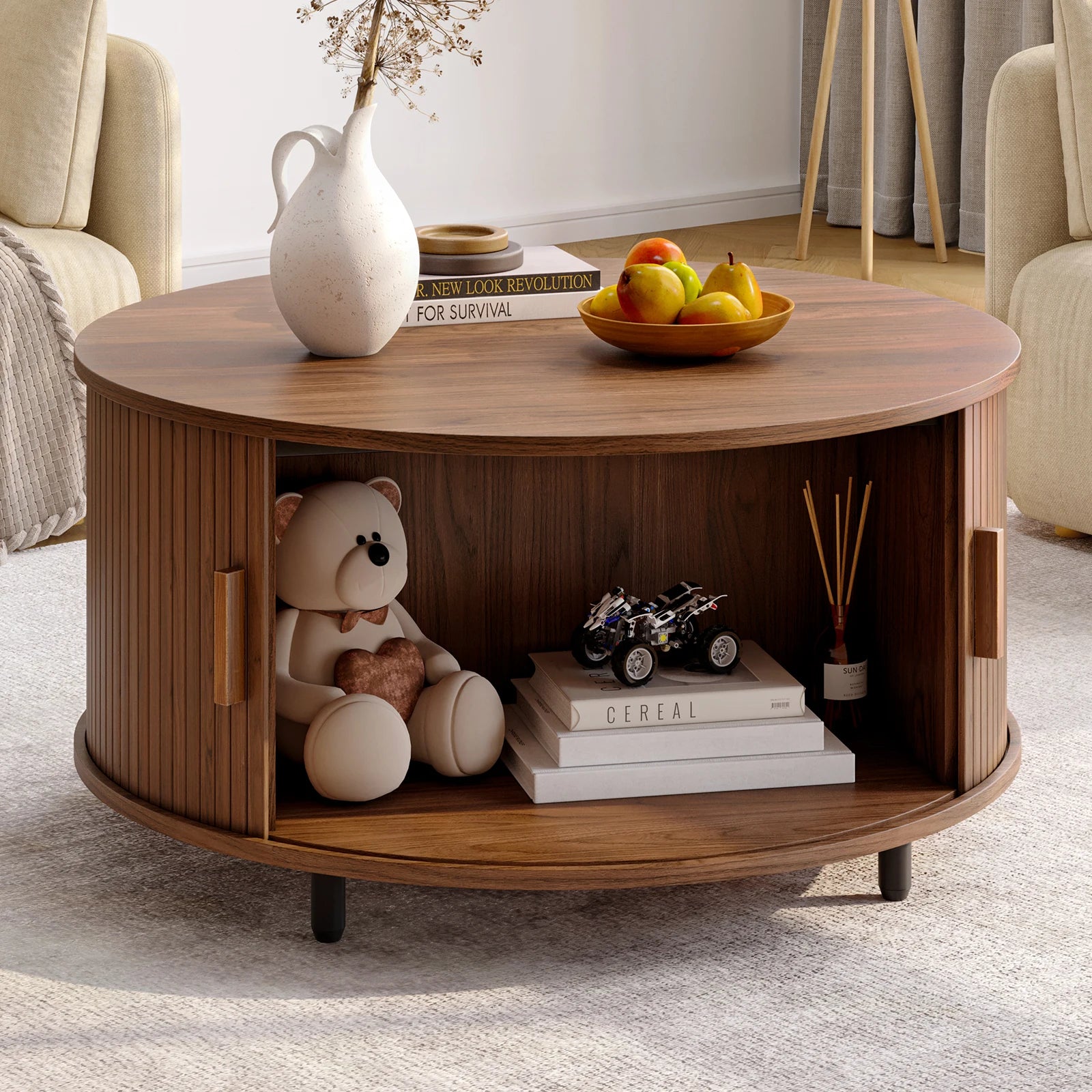 Wooden Coffee Table with 360° Curved Sliding Door - Table Piece