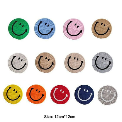 Smiling Face Round Mat Woven Ramie Placemats Anti Slip Dining Table Mats Non-Slip Tableware Bowl Pads Kitchen Drink Cup Coasters Table Piece