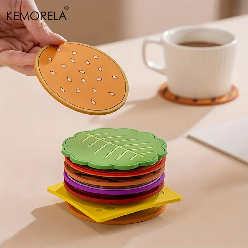 8pcs/set Burger Shape Coaster Creative Cup Pad Silicone Insulation Mat Mug Holder Kitchen Dining Bar Table Decorations Kids Gift Table Piece