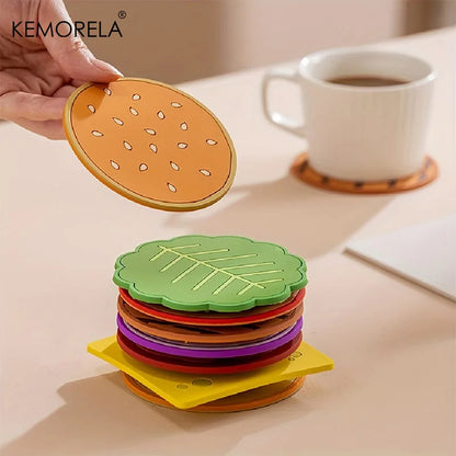 8pcs/set Burger Shape Coaster Creative Cup Pad Silicone Insulation Mat Mug Holder Kitchen Dining Bar Table Decorations Kids Gift Table Piece