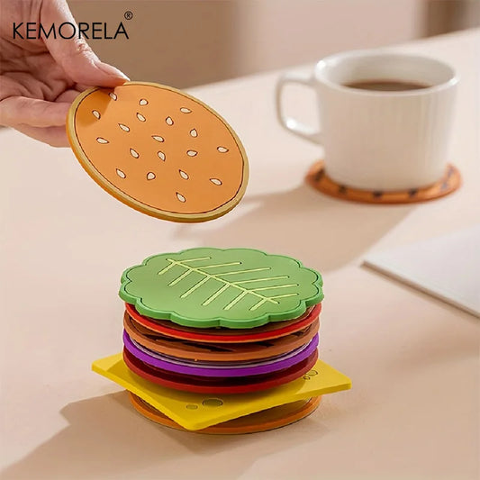 8pcs/set Burger Shape Coaster Creative Cup Pad Silicone Insulation Mat Mug Holder Kitchen Dining Bar Table Decorations Kids Gift Table Piece