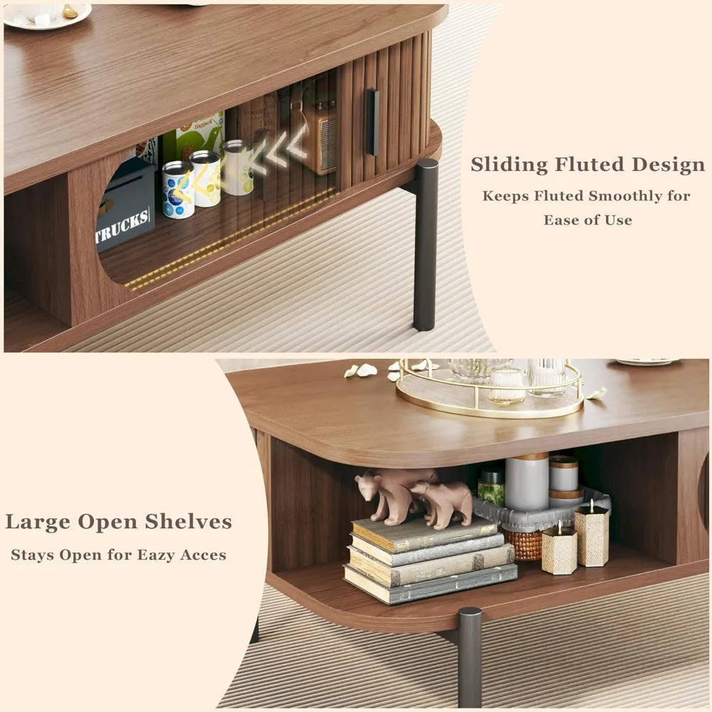 Coffee Table Mid Century Modern , Coffee Table with Storage Open Shelf and  Sliding Door - Table Piece