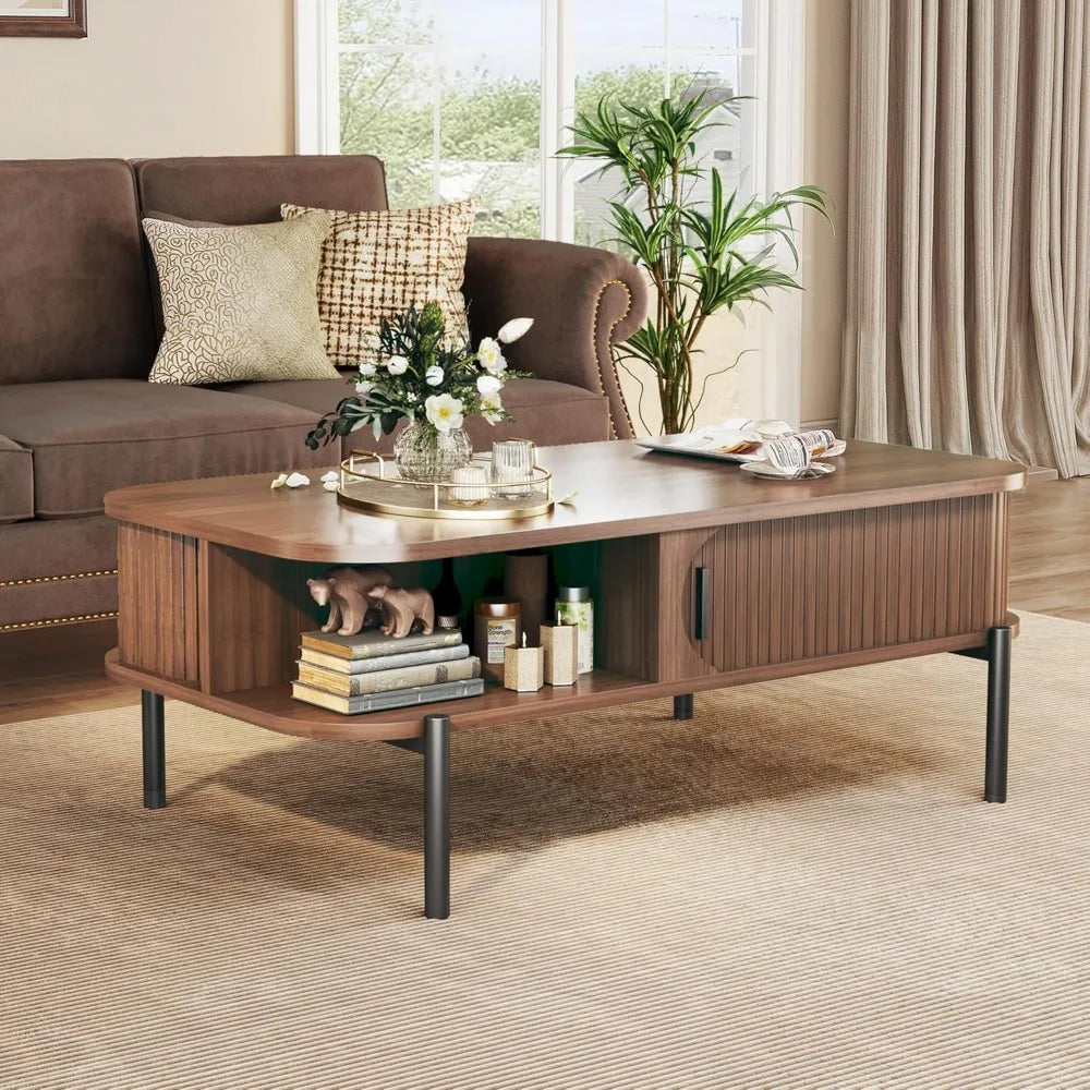Coffee Table Mid Century Modern , Coffee Table with Storage Open Shelf and  Sliding Door - Table Piece