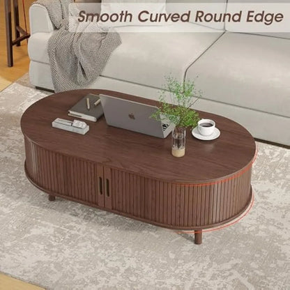 Coffee Table, Mid Century Wooden Coffee Table with Sliding Door - Table Piece