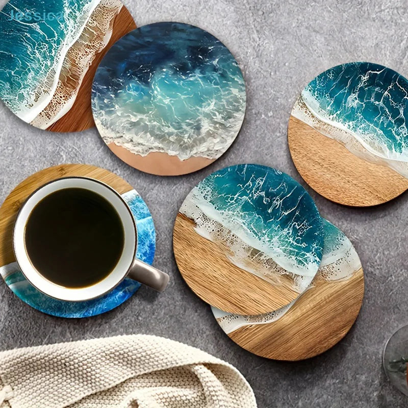 ♥Ocean Wave & Wood Grain Coasters Set  Heat-Resistant Drink Coasters for Coffee/Tea Mugs, Beach Theme Home Decor Table Piece