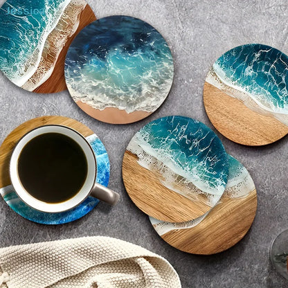 ♥Ocean Wave & Wood Grain Coasters Set  Heat-Resistant Drink Coasters for Coffee/Tea Mugs, Beach Theme Home Decor Table Piece