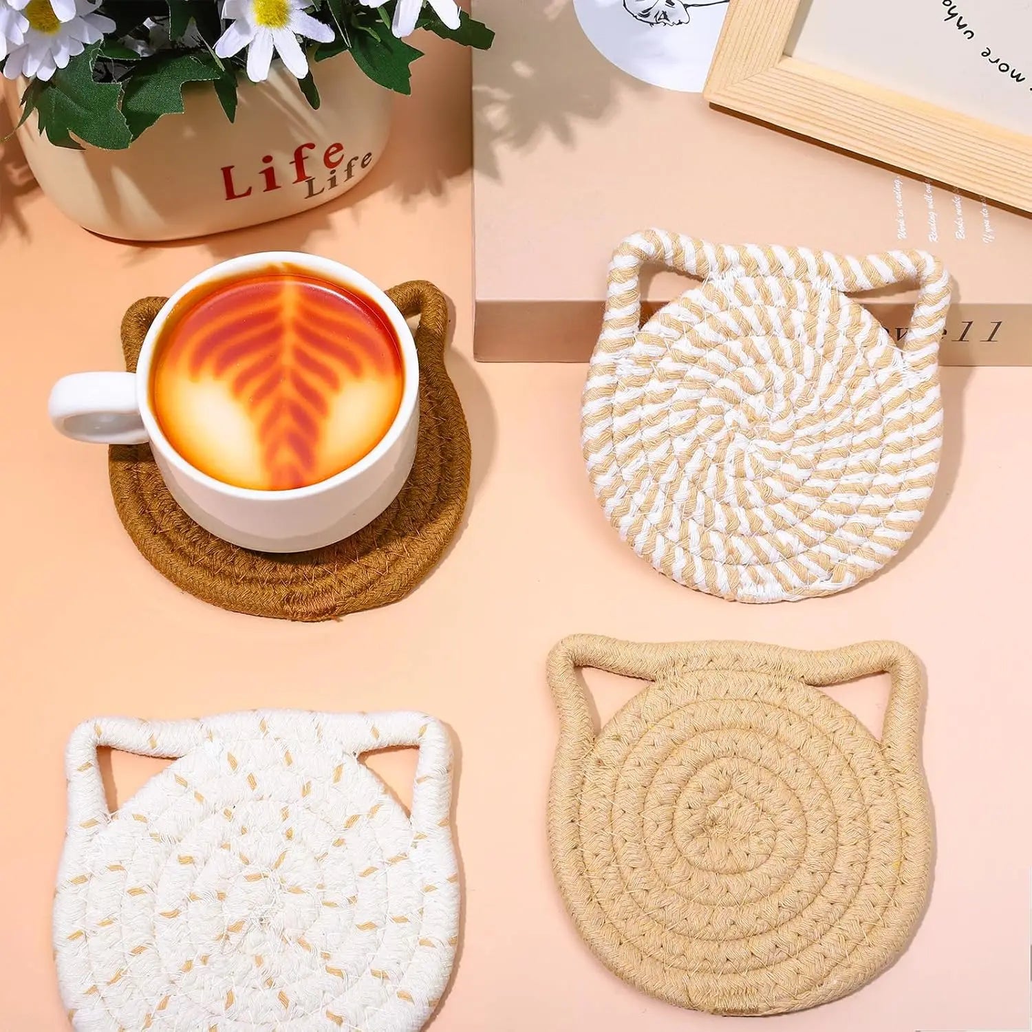 Handmade Cat Ear Cotton Coasters with Holder - Table Piece