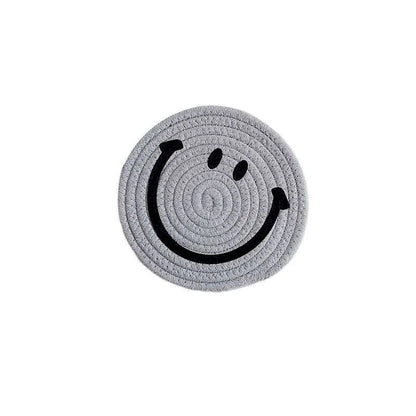 Smiling Face Round Mat Woven Ramie Placemats Anti Slip Dining Table Mats Non-Slip Tableware Bowl Pads Kitchen Drink Cup Coasters Table Piece