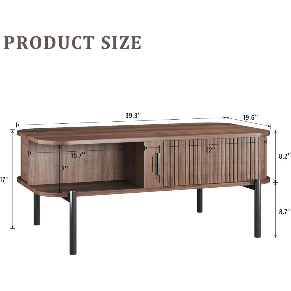 Coffee Table Mid Century Modern , Coffee Table with Storage Open Shelf and  Sliding Door - Table Piece