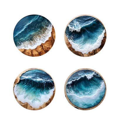 ♥Ocean Wave & Wood Grain Coasters Set  Heat-Resistant Drink Coasters for Coffee/Tea Mugs, Beach Theme Home Decor Table Piece