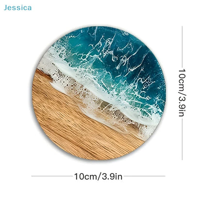 ♥Ocean Wave & Wood Grain Coasters Set  Heat-Resistant Drink Coasters for Coffee/Tea Mugs, Beach Theme Home Decor Table Piece