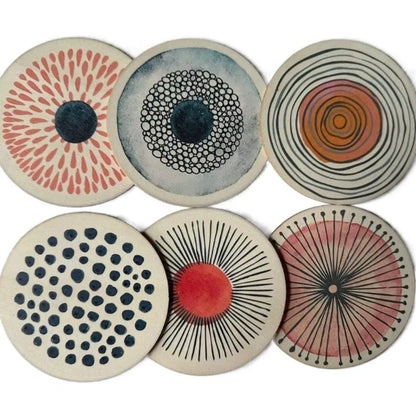 6Pcs/set Wooden Circular Patterned Coasters Round Eco-Friendly Decorative Coasters Heat Resistant Anti-slip Cup Mat Table Piece