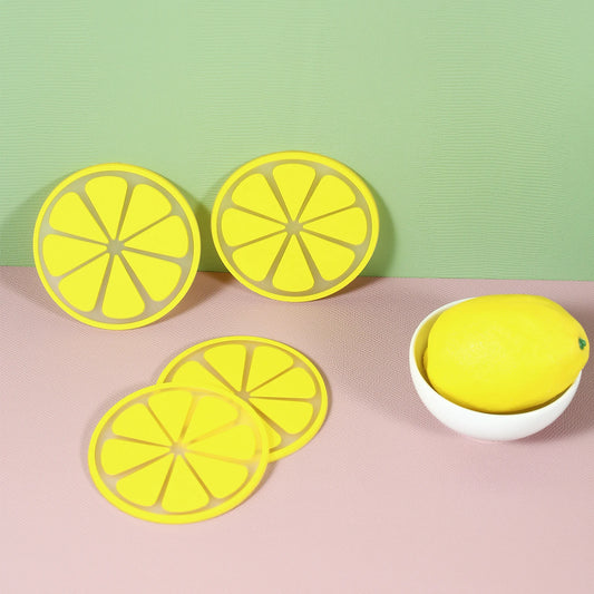 Set of 4 PVC Cute Lemon Coaster, Yellow Round Heat-resistant Mat Table Piece
