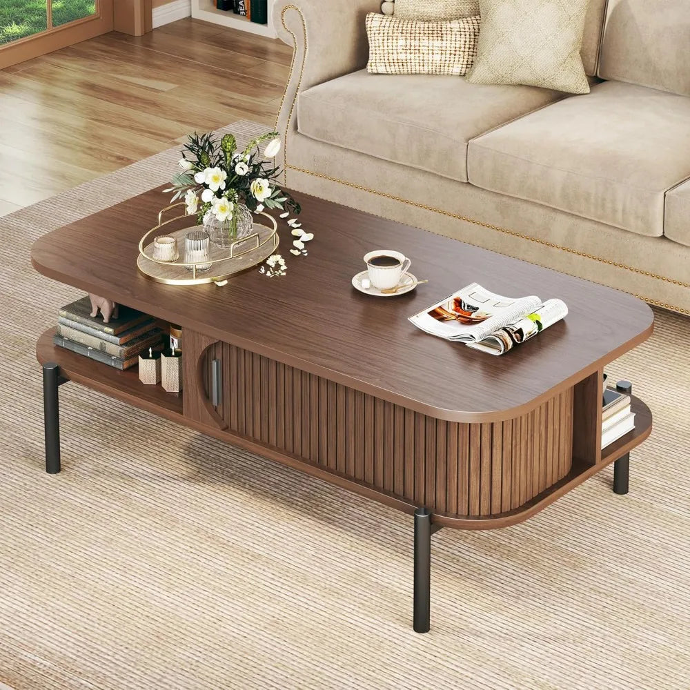 Coffee Table Mid Century Modern , Coffee Table with Storage Open Shelf and  Sliding Door - Table Piece