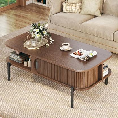Coffee Table Mid Century Modern , Coffee Table with Storage Open Shelf and  Sliding Door - Table Piece