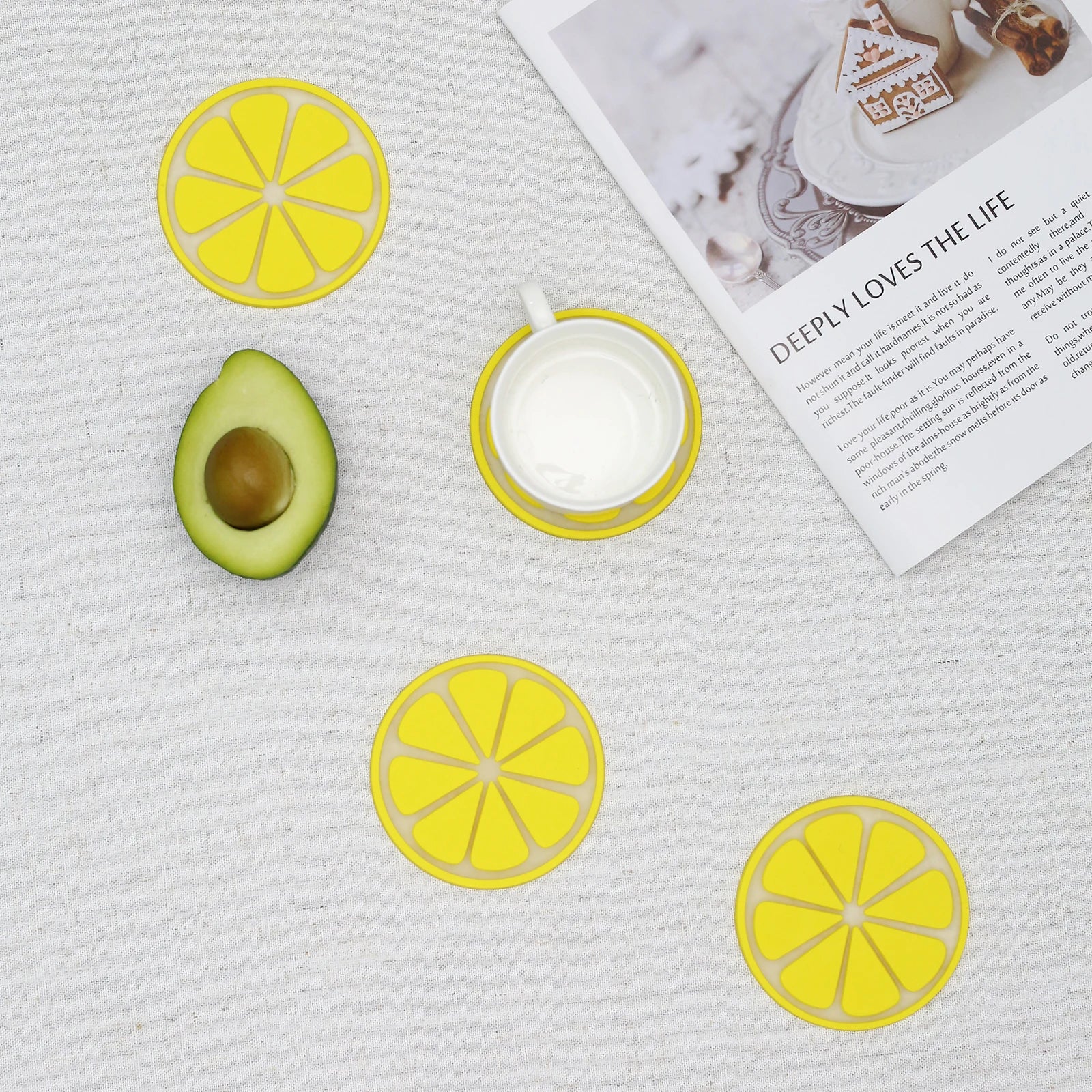 Set of 4 PVC Cute Lemon Coaster, Yellow Round Heat-resistant Mat Table Piece