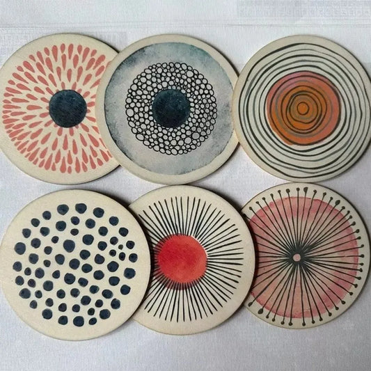 6Pcs/set Wooden Circular Patterned Coasters Round Eco-Friendly Decorative Coasters Heat Resistant Anti-slip Cup Mat Table Piece