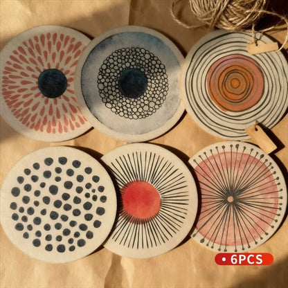 6Pcs/set Wooden Circular Patterned Coasters Round Eco-Friendly Decorative Coasters Heat Resistant Anti-slip Cup Mat Table Piece