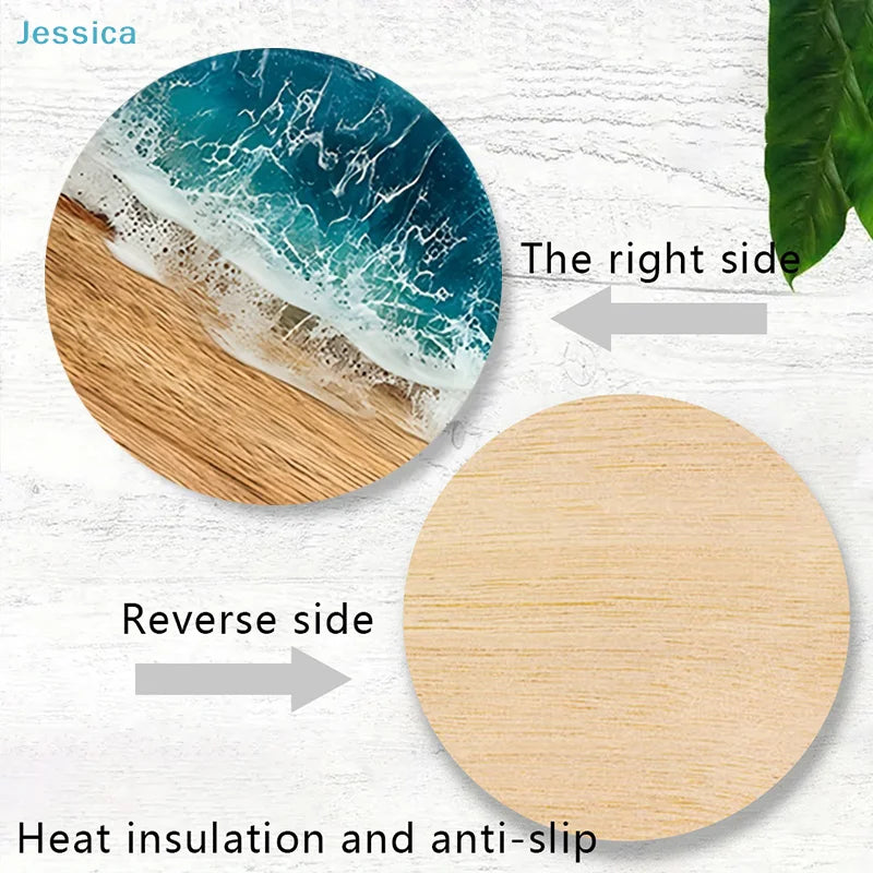 ♥Ocean Wave & Wood Grain Coasters Set  Heat-Resistant Drink Coasters for Coffee/Tea Mugs, Beach Theme Home Decor Table Piece
