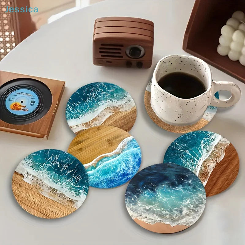 ♥Ocean Wave & Wood Grain Coasters Set  Heat-Resistant Drink Coasters for Coffee/Tea Mugs, Beach Theme Home Decor Table Piece