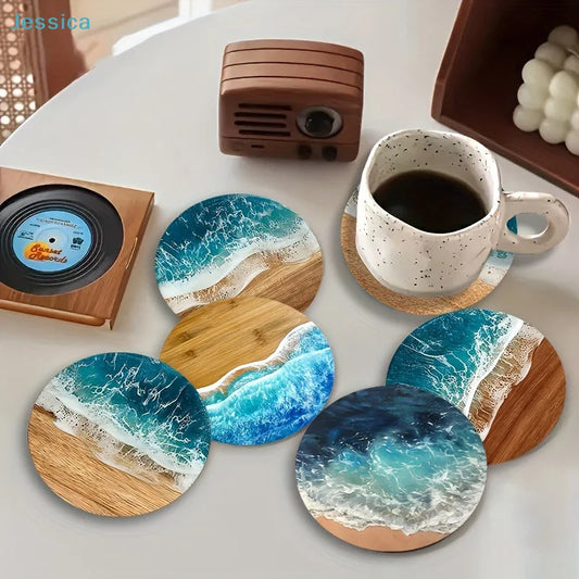 ♥Ocean Wave & Wood Grain Coasters Set  Heat-Resistant Drink Coasters for Coffee/Tea Mugs, Beach Theme Home Decor Table Piece
